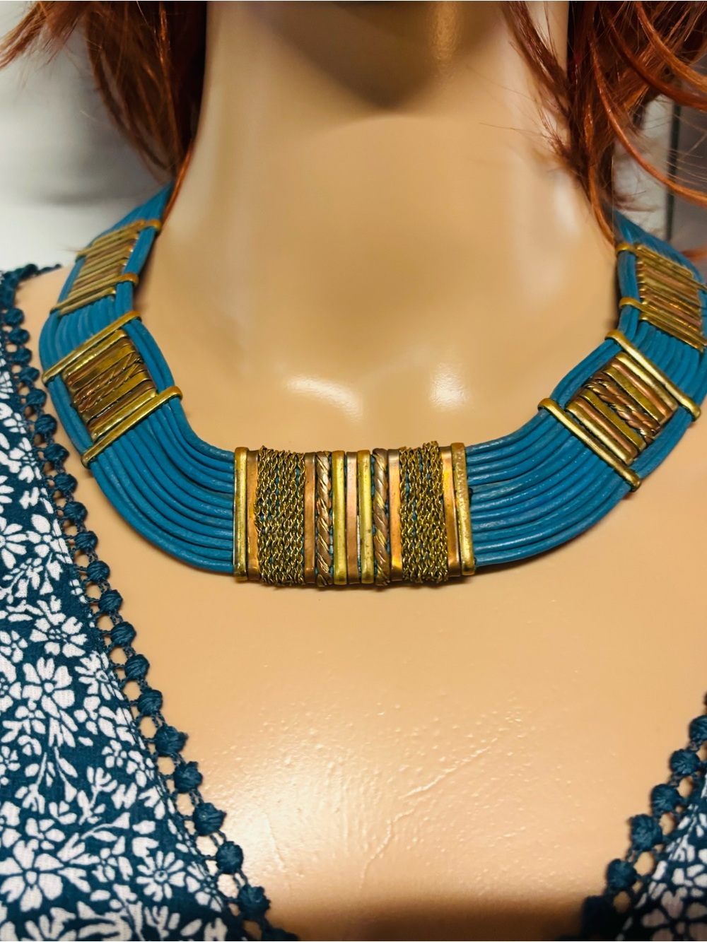 ❤️Vintage Alexis Kirk Egyptian Revival Leather Parure Necklace and Bracelet - Picture 2 of 9